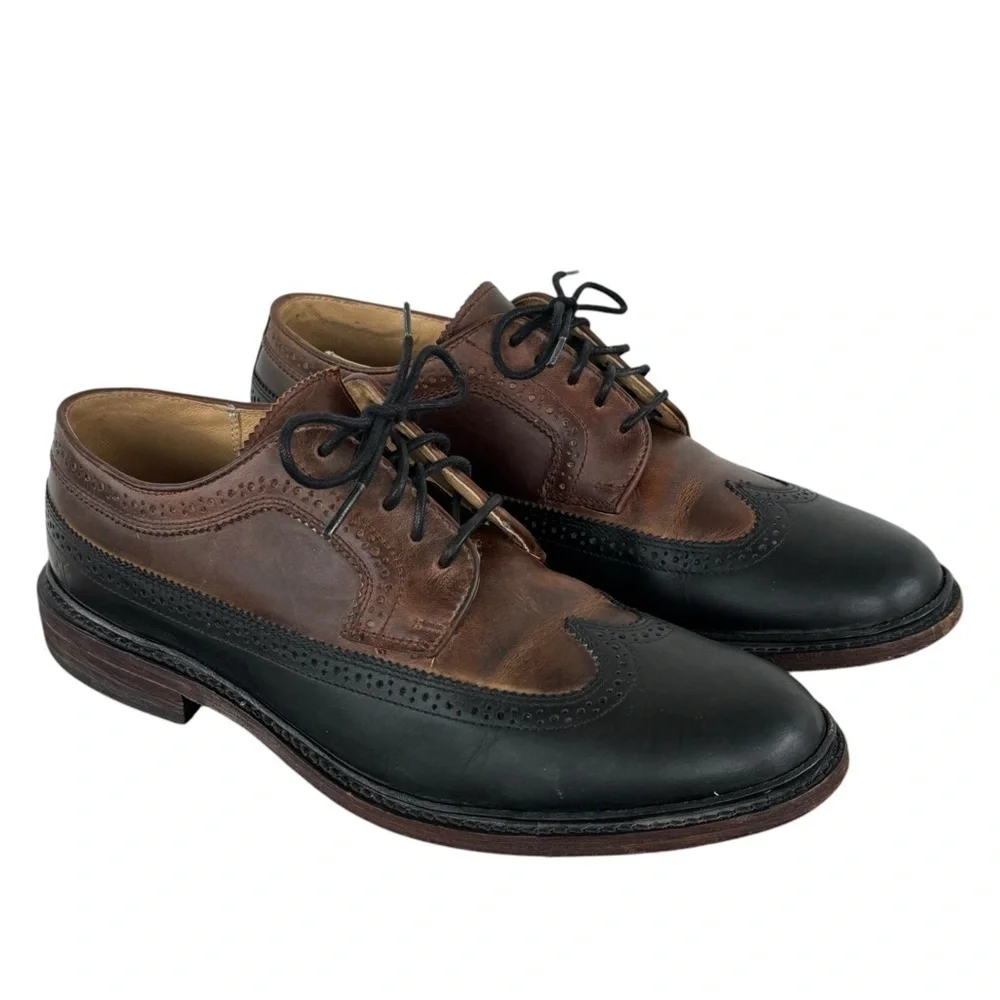 Frye Graham Wingtip Oxford Shoes Lace Up Leather Brogue Two-Tone Black Brown 9.5 - Picture 2 of 12